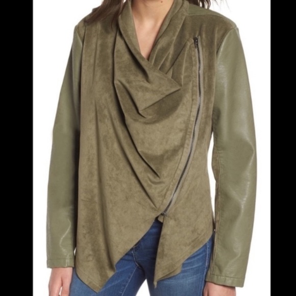 Blank NYC Vegan Leather and Ponte Drape Dark Green Jacket - Picture 1 of 8